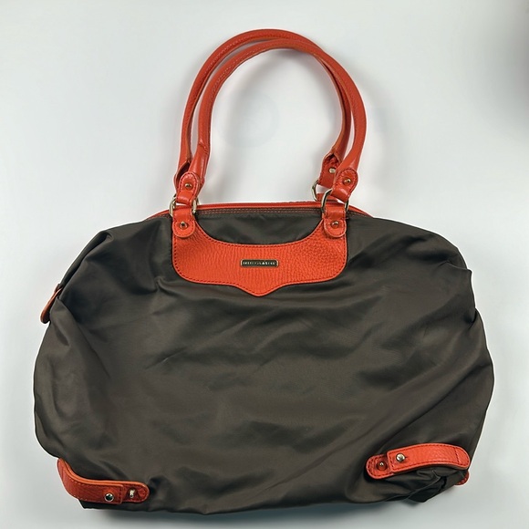 Rebecca Minkoff Gold Studded Brown Nylon Tote Handbag Orange Leather - Picture 1 of 11